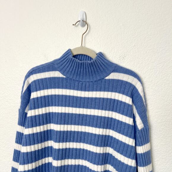 [LOFT] Blue White Striped Ribbed Knit Pullover Turtleneck Sweater Size Small S - Picture 4 of 12